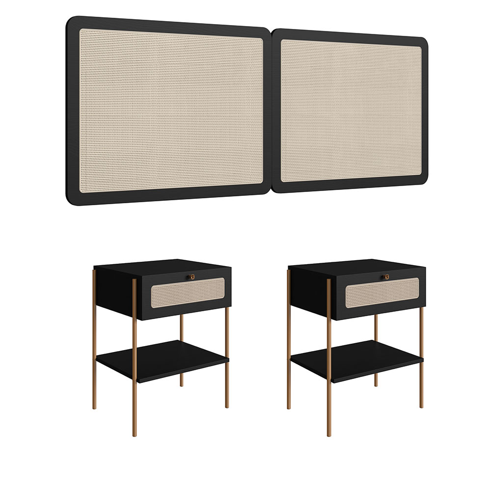 Conjunto de Cabeceira Casal com 2 Mesas de Apoio Oslo 1 GV Preto e Dourado