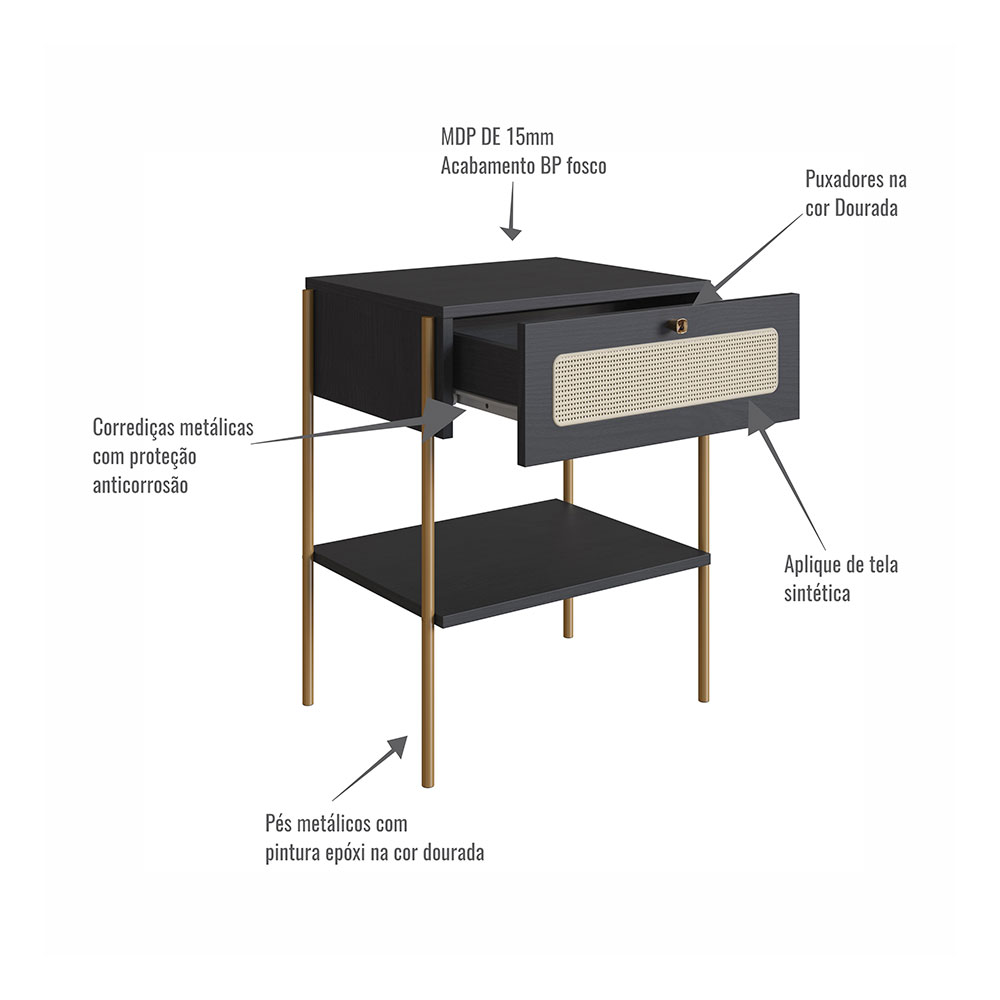 Conjunto de Cabeceira Casal com 2 Mesas de Apoio Oslo 1 GV Preto e Dourado