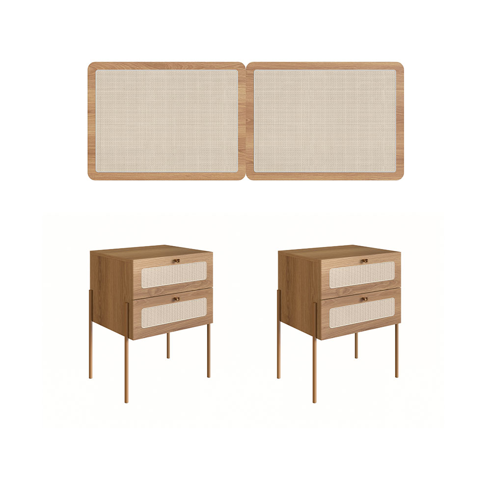 Conjunto de Cabeceira Casal com 2 Mesas de Apoio Oslo 2 GV Hanover e Dourado