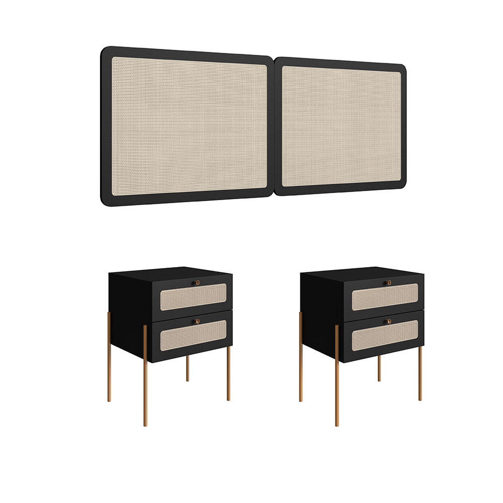 Conjunto de Cabeceira Casal com 2 Mesas de Apoio Oslo 2 GV Preto e Dourado