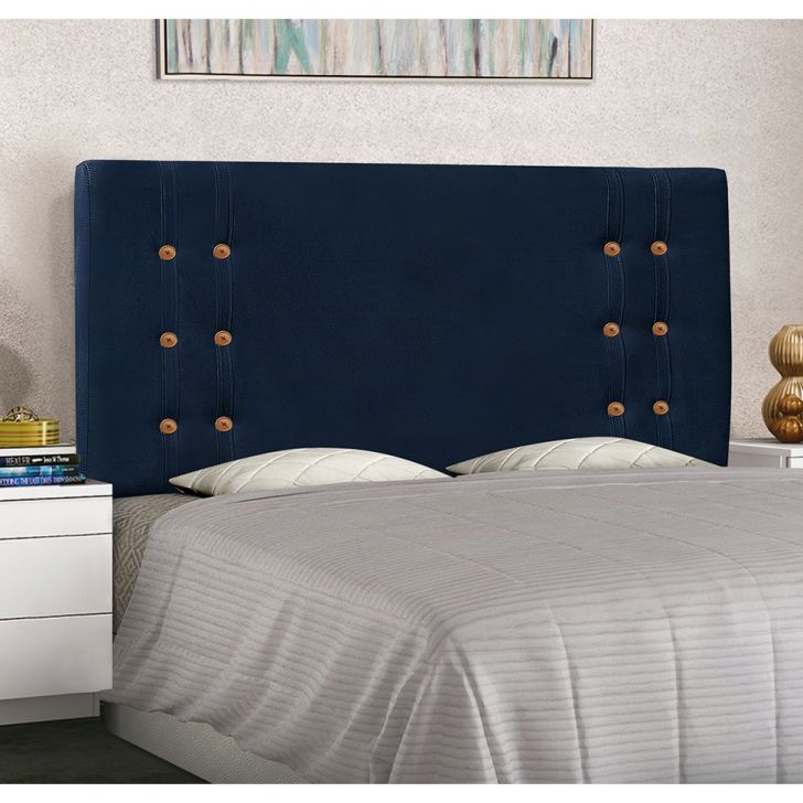 Conjunto de Cabeceira Casal com Recamier Gênova Suede Azul Marinho