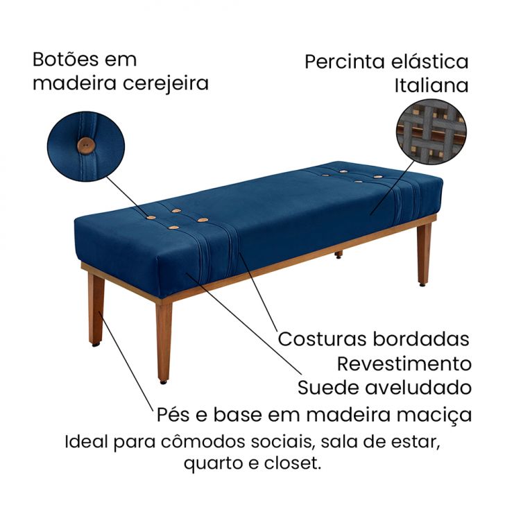 Conjunto de Cabeceira Casal com Recamier Gênova Suede Azul Marinho