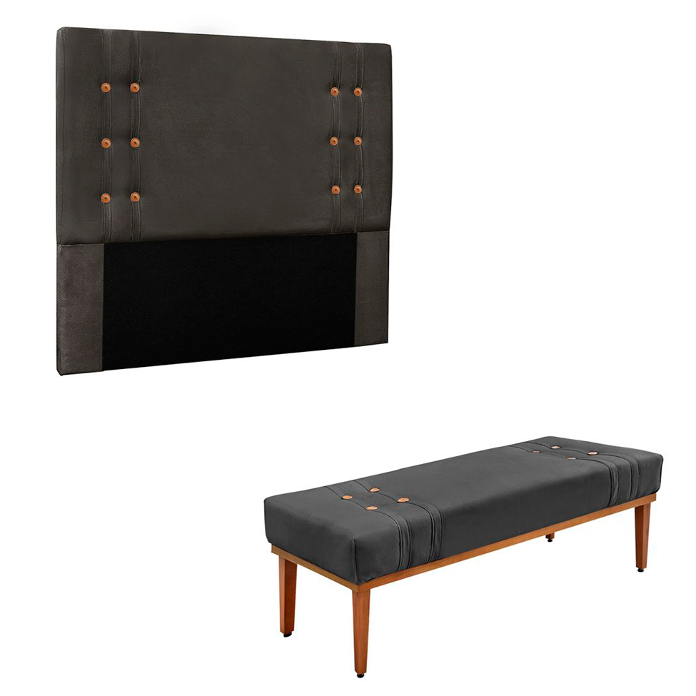 Conjunto de Cabeceira Casal com Recamier Gênova Suede Cinza