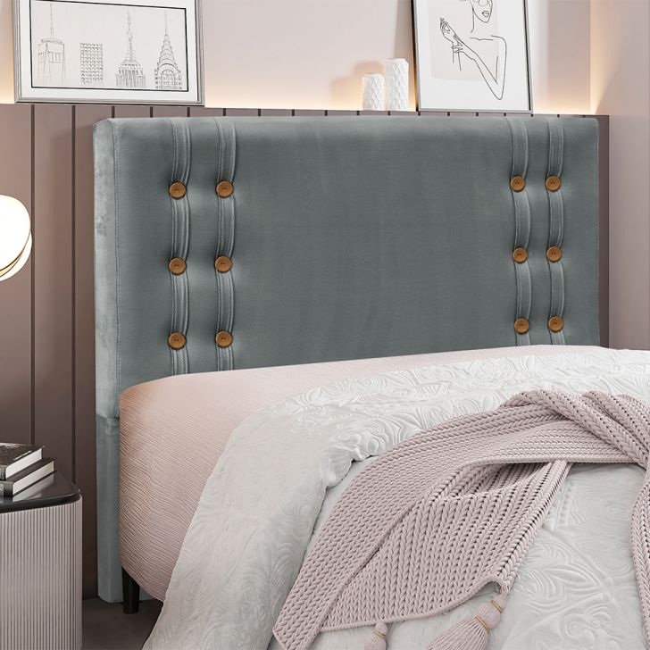 Conjunto de Cabeceira Casal com Recamier Gênova Veludo Cinza