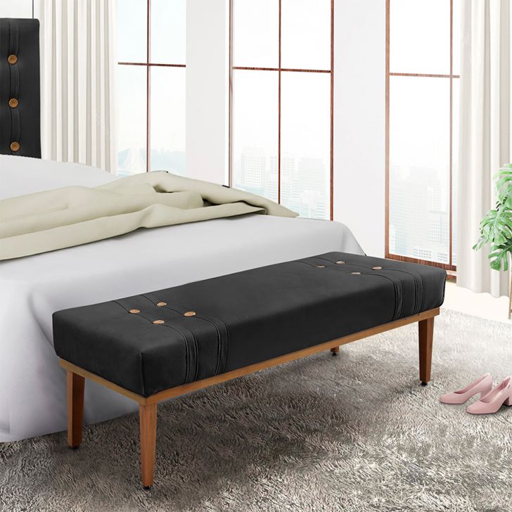 Conjunto de Cabeceira Casal com Recamier Gênova Veludo Preto