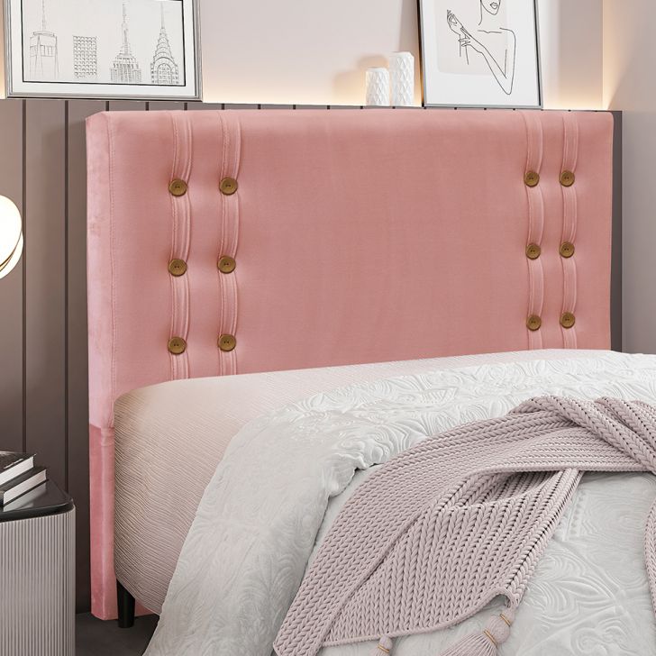 Conjunto de Cabeceira Casal com Recamier Gênova Veludo Rosa