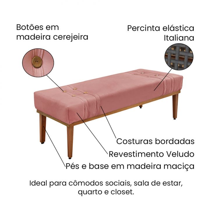 Conjunto de Cabeceira Casal com Recamier Gênova Veludo Rosa