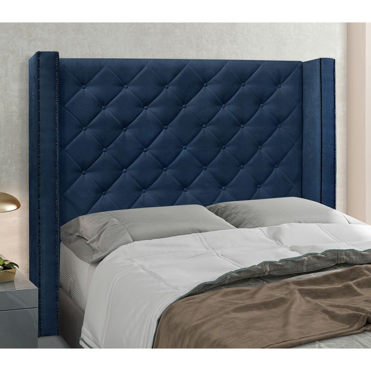 Conjunto de Cabeceira Casal com Recamier Vicenza Suede Azul Marinho