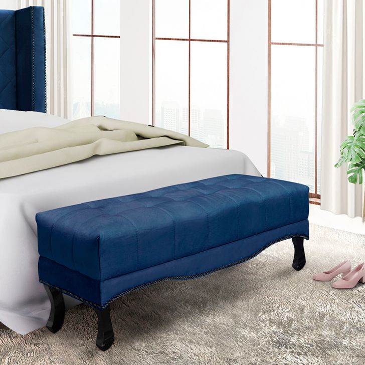 Conjunto de Cabeceira Casal com Recamier Vicenza Suede Azul Marinho