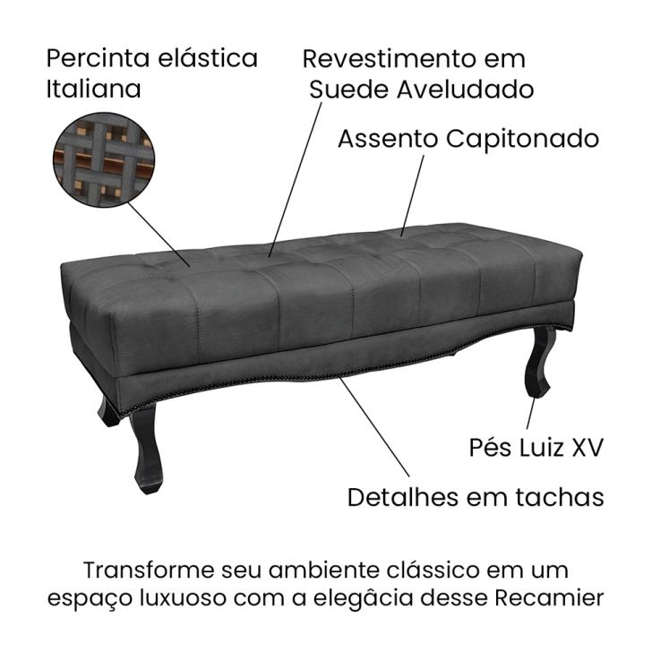Conjunto de Cabeceira Casal com Recamier Vicenza Suede Cinza