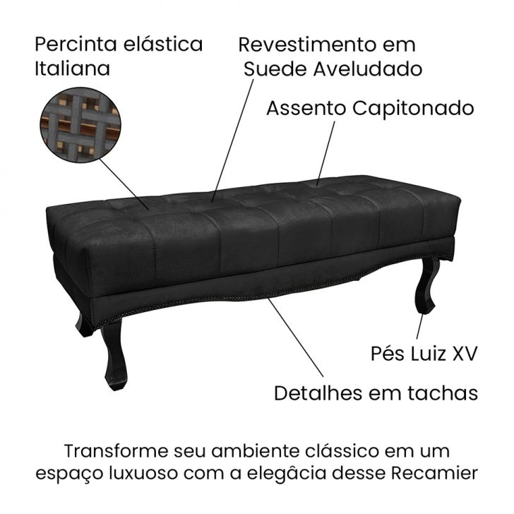 Conjunto de Cabeceira Casal com Recamier Vicenza Suede Preto