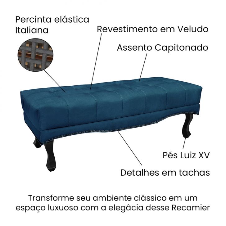 Conjunto de Cabeceira Casal com Recamier Vicenza Veludo Azul Marinho