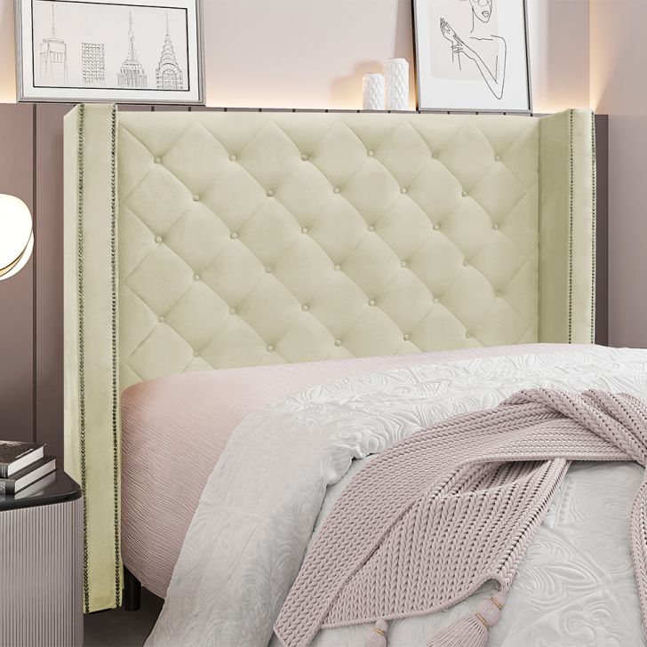 Conjunto de Cabeceira Casal com Recamier Vicenza Veludo Bege