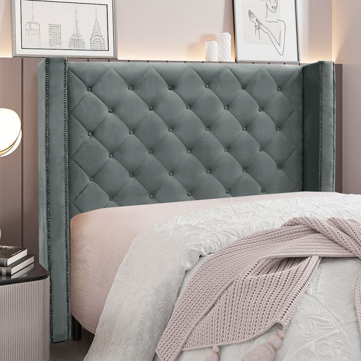 Conjunto de Cabeceira Casal com Recamier Vicenza Veludo Cinza