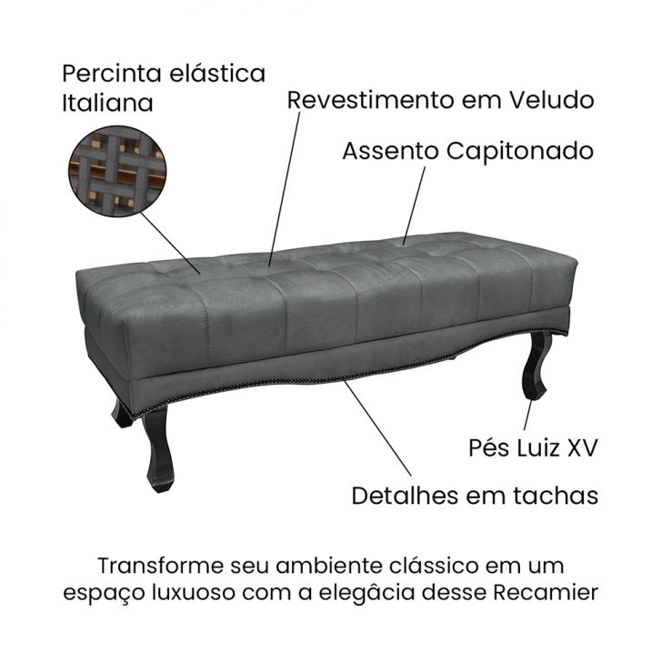 Conjunto de Cabeceira Casal com Recamier Vicenza Veludo Cinza