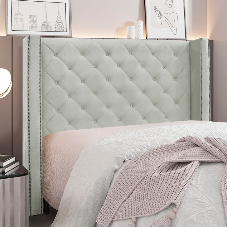 Conjunto de Cabeceira Casal com Recamier Vicenza Veludo Prata