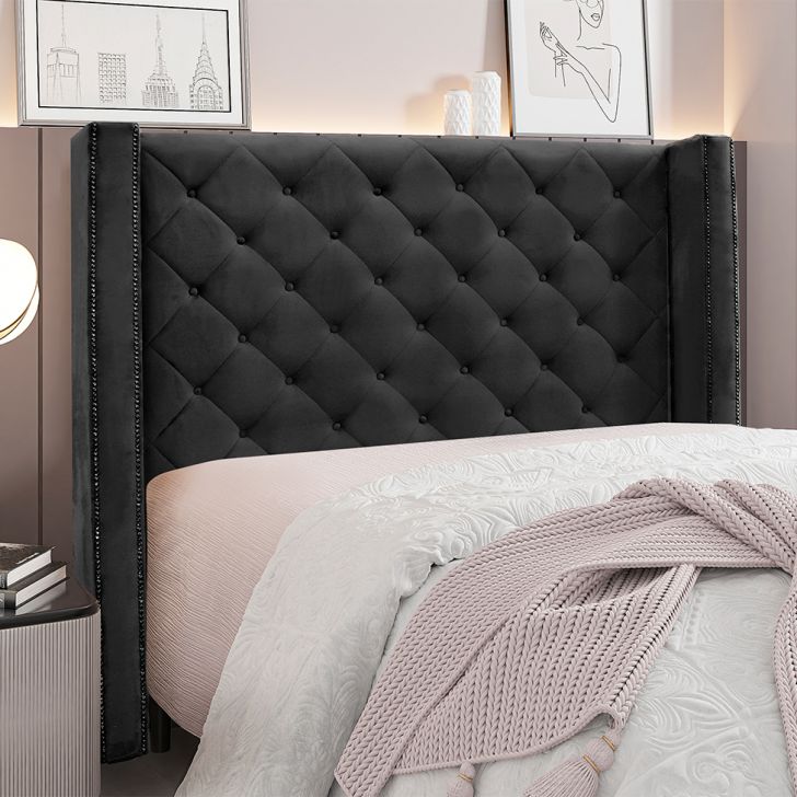 Conjunto de Cabeceira Casal com Recamier Vicenza Veludo Preto