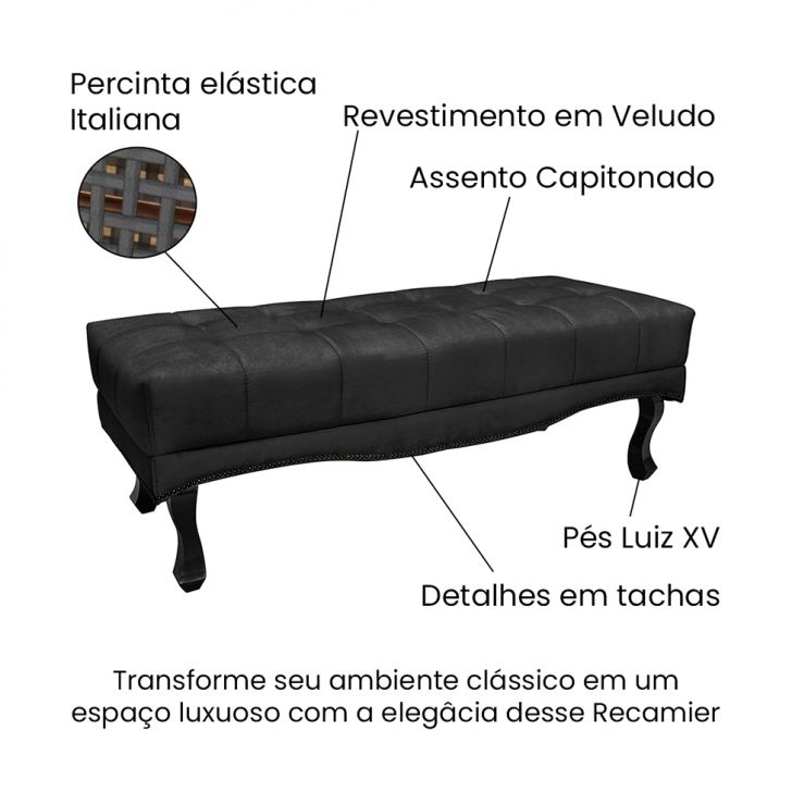 Conjunto de Cabeceira Casal com Recamier Vicenza Veludo Preto