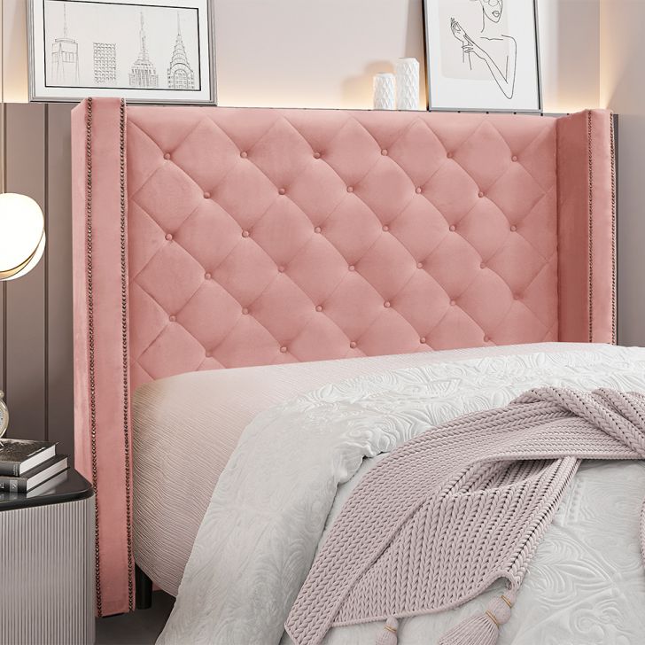 Conjunto de Cabeceira Casal com Recamier Vicenza Veludo Rosa
