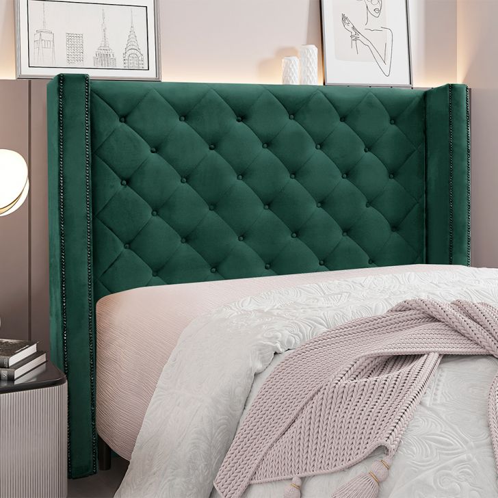 Conjunto de Cabeceira Casal com Recamier Vicenza Veludo Verde