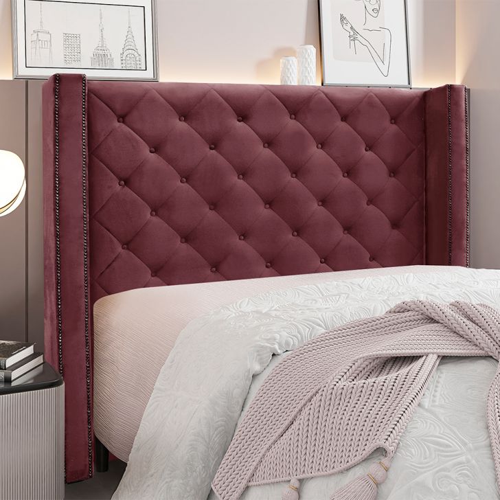 Conjunto de Cabeceira Casal com Recamier Vicenza Veludo Vinho