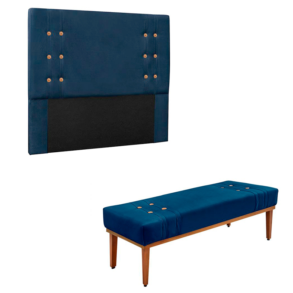 Conjunto de Cabeceira King com Recamier Gênova Suede Azul Marinho