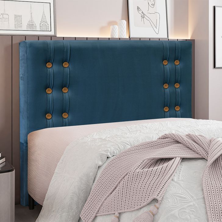 Conjunto de Cabeceira King com Recamier Gênova Veludo Azul Marinho