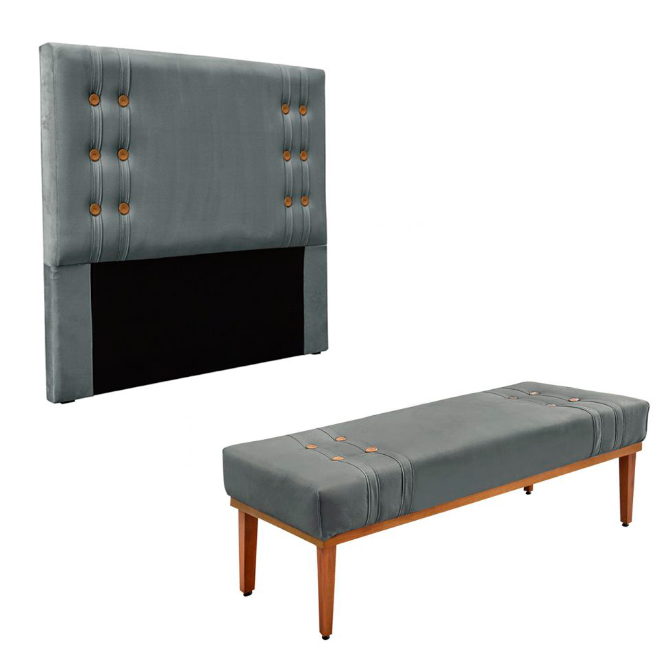 Conjunto de Cabeceira King com Recamier Gênova Veludo Cinza