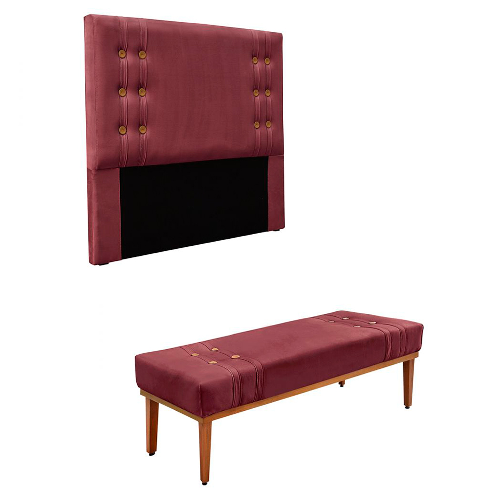Conjunto de Cabeceira King com Recamier Gênova Veludo Vinho