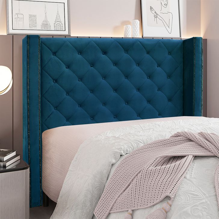 Conjunto de Cabeceira King com Recamier Vicenza Veludo Azul Marinho