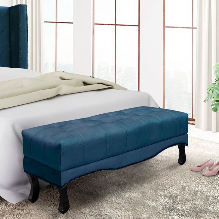 Conjunto de Cabeceira King com Recamier Vicenza Veludo Azul Marinho
