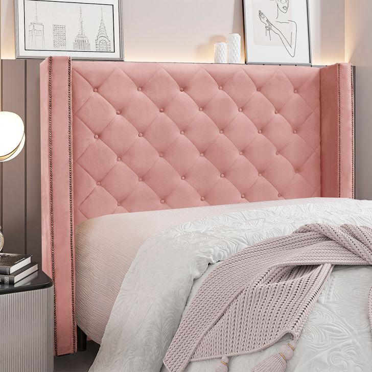Conjunto de Cabeceira King com Recamier Vicenza Veludo Rosa