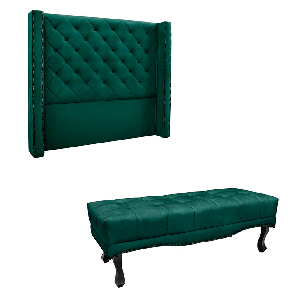 Conjunto de Cabeceira King com Recamier Vicenza Veludo Verde