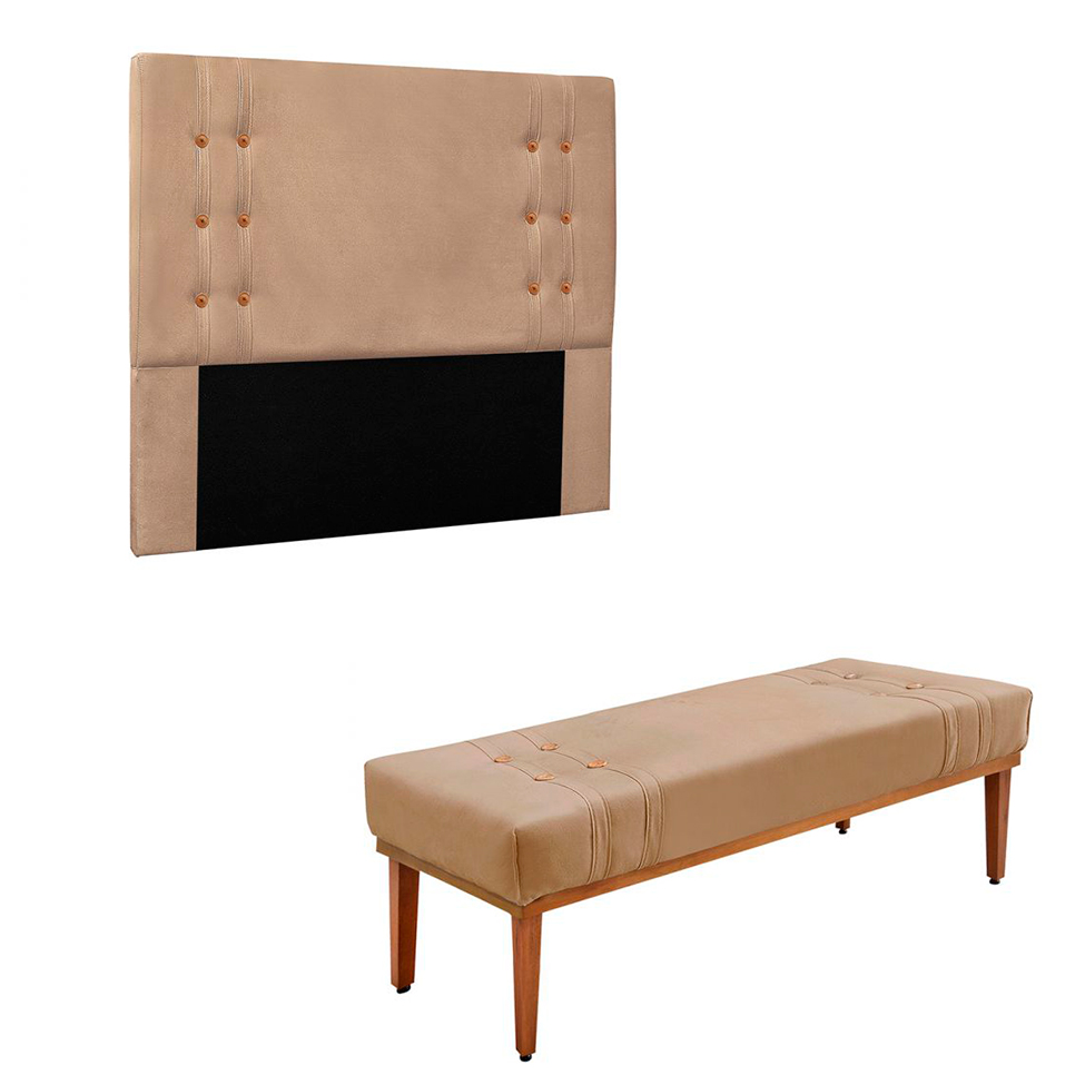 Conjunto de Cabeceira Queen com Recamier Gênova Suede Bege