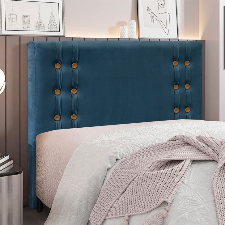 Conjunto de Cabeceira Queen com Recamier Gênova Veludo Azul Marinho