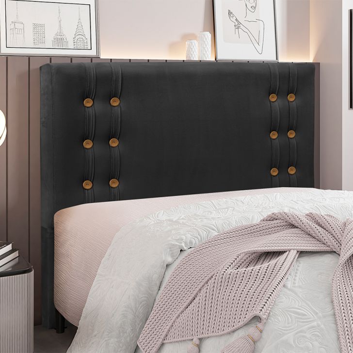 Conjunto de Cabeceira Queen com Recamier Gênova Veludo Preto
