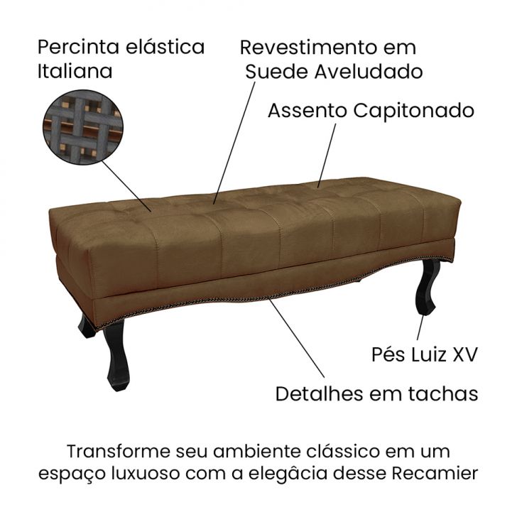 Conjunto de Cabeceira Queen com Recamier Vicenza Suede Caramelo