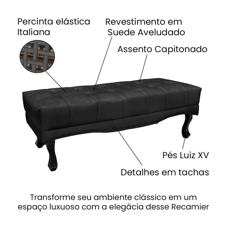 Conjunto de Cabeceira Queen com Recamier Vicenza Suede Preto