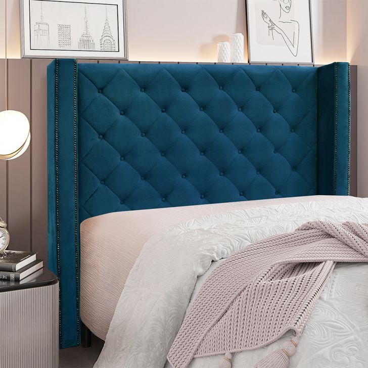 Conjunto de Cabeceira Queen com Recamier Vicenza Veludo Azul Marinho