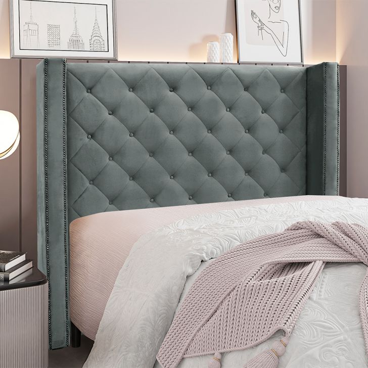 Conjunto de Cabeceira Queen com Recamier Vicenza Veludo Cinza