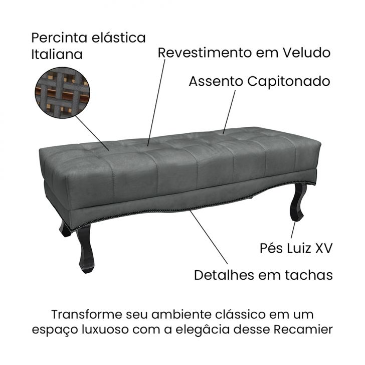 Conjunto de Cabeceira Queen com Recamier Vicenza Veludo Cinza