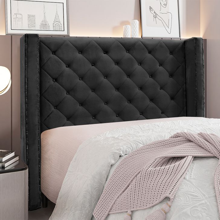 Conjunto de Cabeceira Queen com Recamier Vicenza Veludo Preto