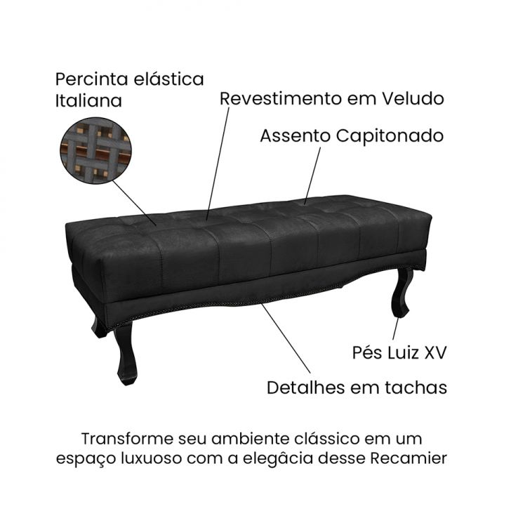 Conjunto de Cabeceira Queen com Recamier Vicenza Veludo Preto
