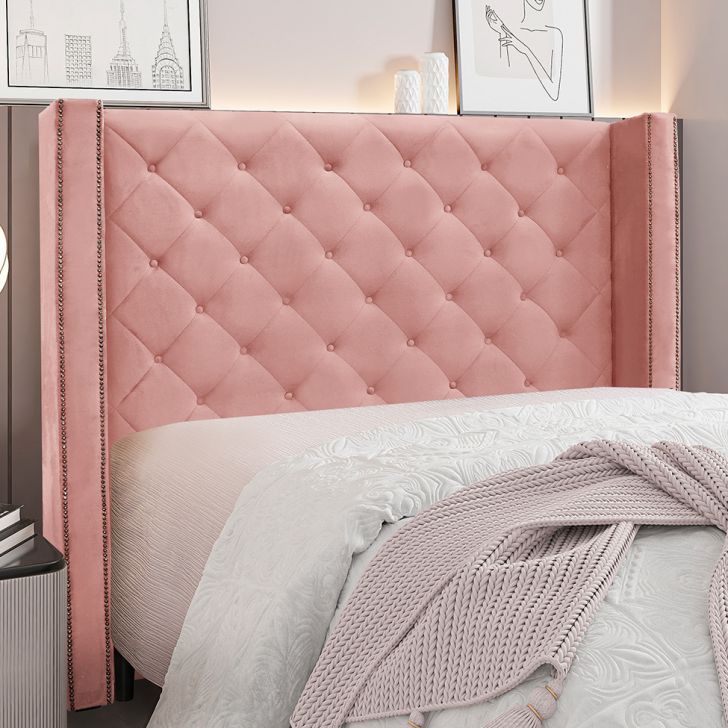 Conjunto de Cabeceira Queen com Recamier Vicenza Veludo Rosa