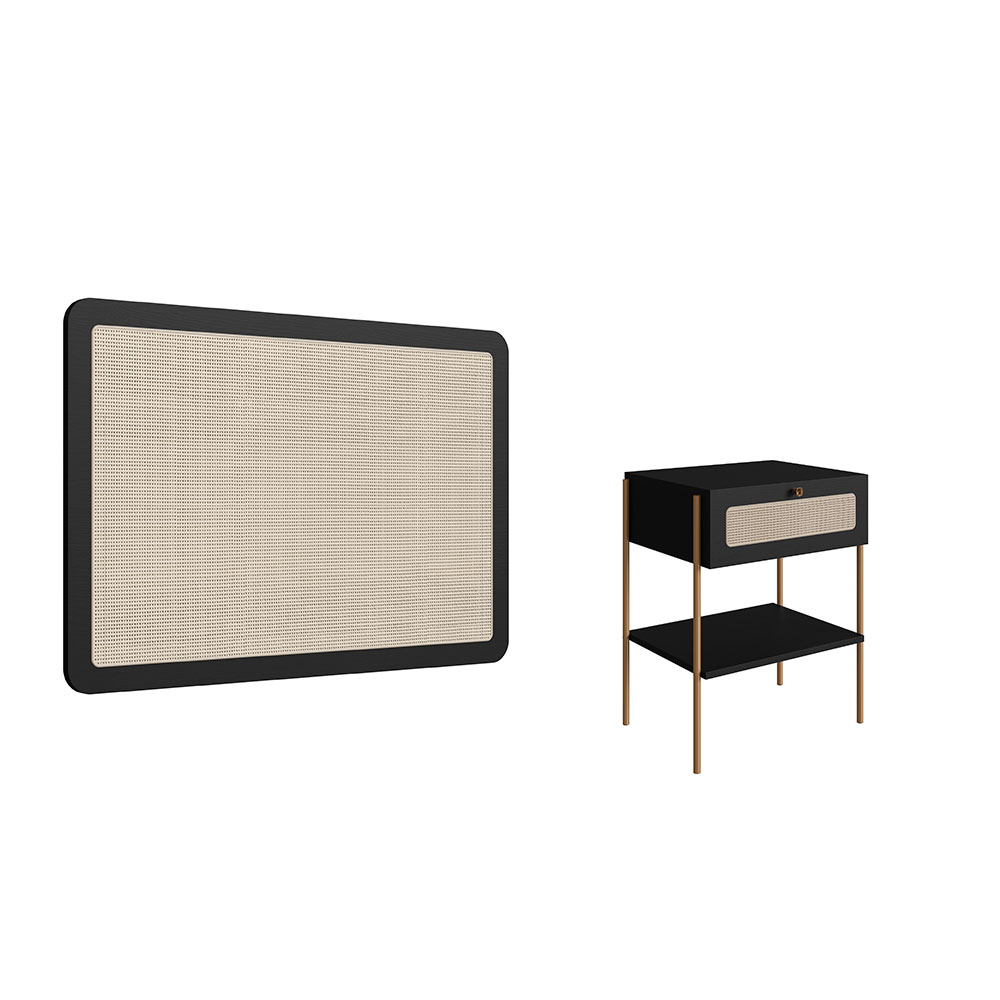 Conjunto de Cabeceira Solteiro com Mesa de Apoio Oslo 1 GV Preto e Dourado