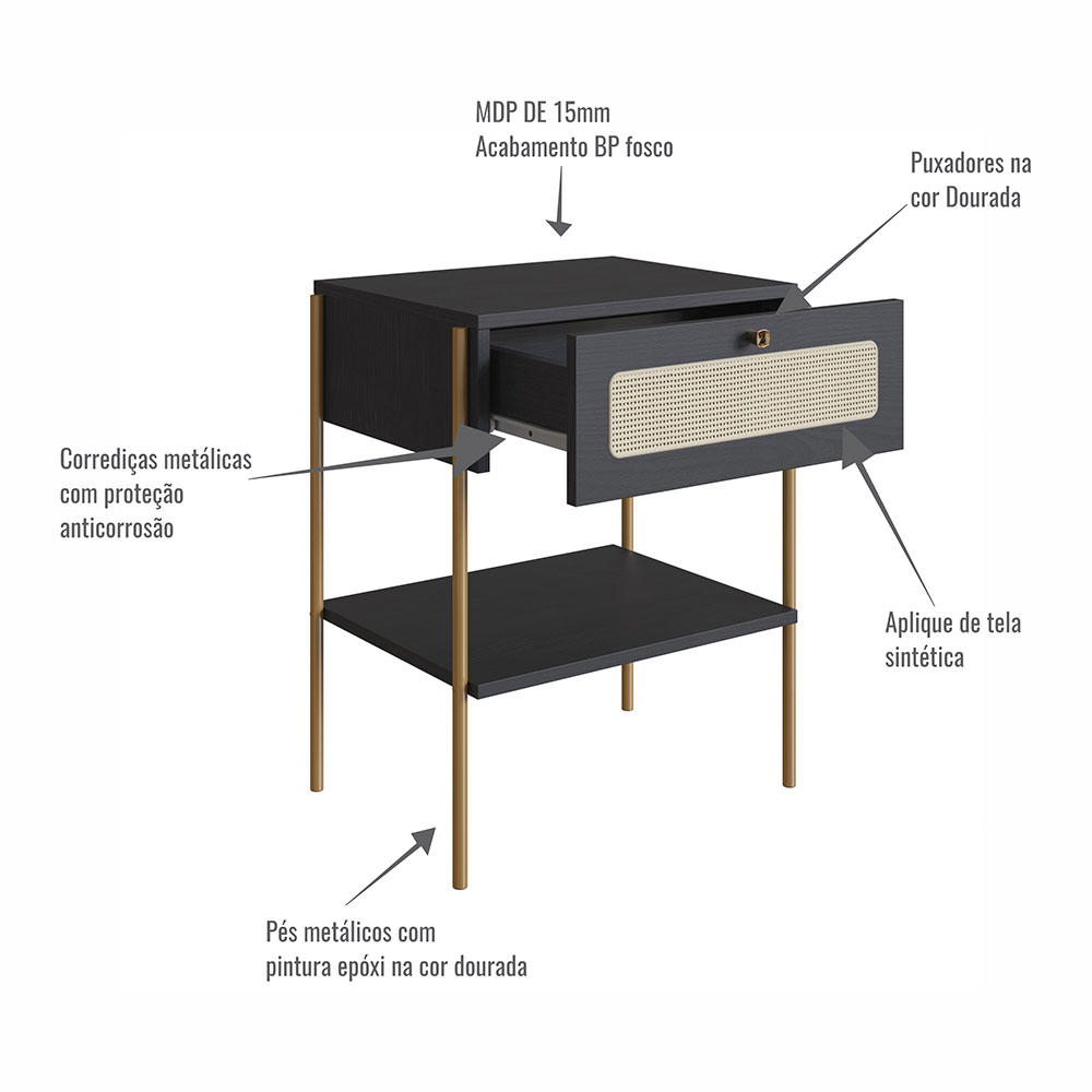 Conjunto de Cabeceira Solteiro com Mesa de Apoio Oslo 1 GV Preto e Dourado