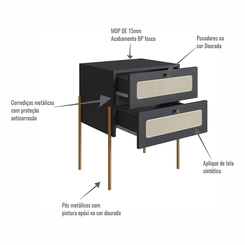 Conjunto de Cabeceira Solteiro com Mesa de Apoio Oslo 2 GV Preto e Dourado