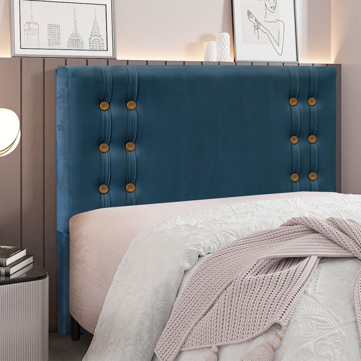 Conjunto de Cabeceira Solteiro com Recamier Gênova Veludo Azul Marinho