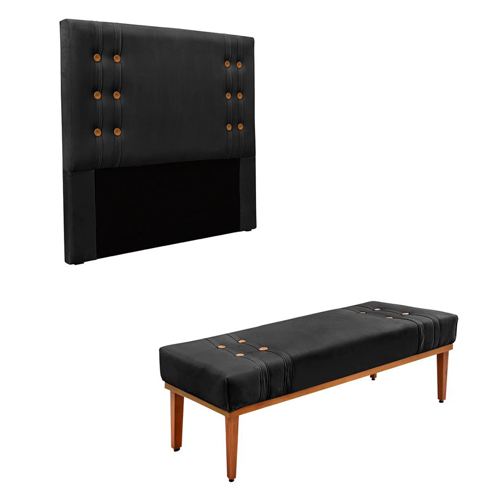 Conjunto de Cabeceira Solteiro com Recamier Gênova Veludo Preto