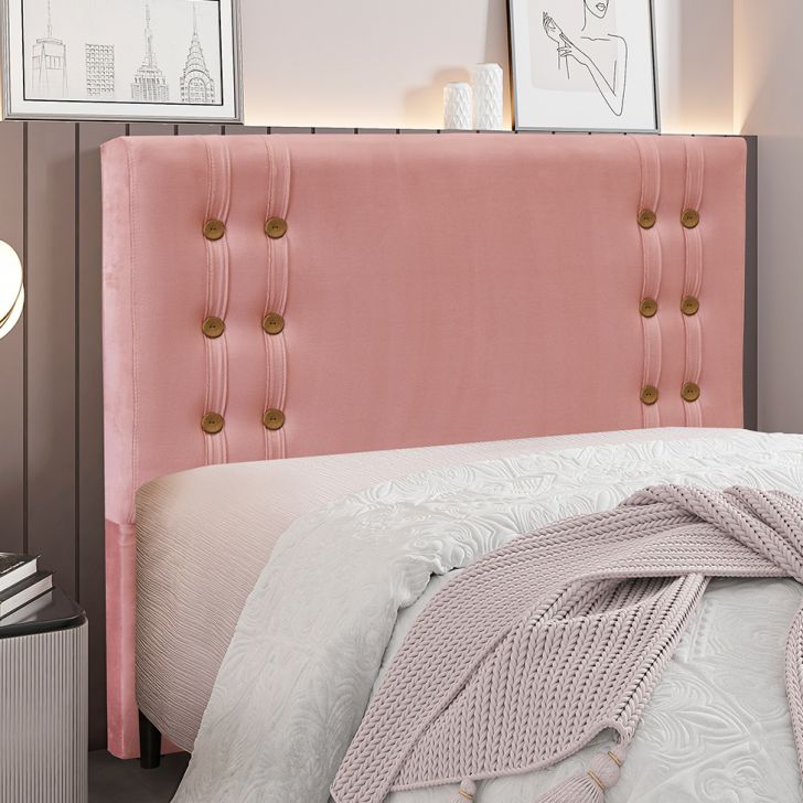 Conjunto de Cabeceira Solteiro com Recamier Gênova Veludo Rosa